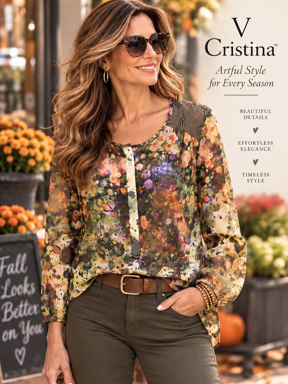 Christina Olive Floral Henley Blouse Size M